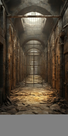 ruined prison cell with a window and floor, depicted in a stunning 3d rendering. this image captures the essence of dramatic splendor, with an atmospheric and moody landscape reminiscent of biblical grandeur. the symmetrical grid and cinematic sets add to the overall allure, creating a passage into a captivating world. discover this mesmerizing artwork on flickr. ai generatedの素材