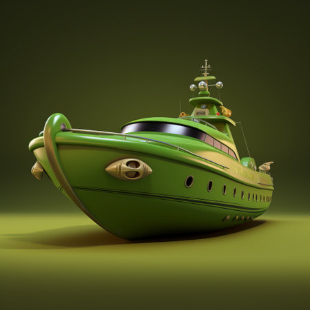 a green boat with black and gold trim, rendered in 3d using the surrealistic cartoon style. created with zbrush, this space-age design features a playful use of light and shadow. captured with an angenieux 45-90mm f2.8 lens, the boat showcases cartoonish character design and a heavy texture. ai generatedの素材