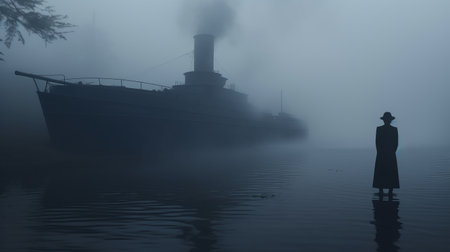 a person stands on the water's edge, accompanied by a misty ship. this 8k 3d image, created in the edwardian style, showcases the beauty of the scene. rendered in cinema4d with a thermal camera, the image captivates with its realistic details, evoking an eerie yet mesmerizing navy ambiance. ai generatedの素材