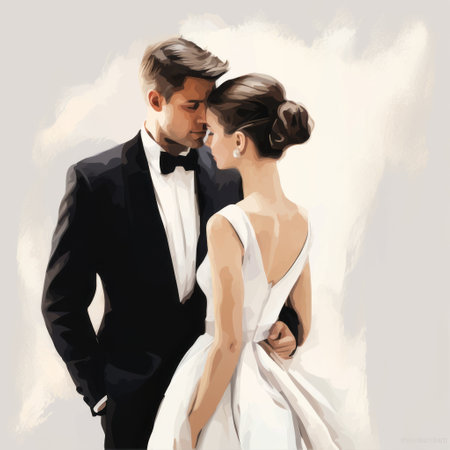 a young couple in white tuxedos and bowties is captured in this digital painting-style photograph. the elegant brushstrokes and simplified, stylized portraits give it a unique artistic touch. with a subdued color palette and oil portraitures, this 32k uhd image showcases the illustrative beauty of the couple. ai generatedの素材
