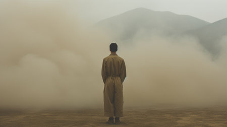 a man stands in the sand, framed by majestic mountains, reminiscent of christopher ryan mckenney's gauzy atmospheric landscapes. this visually stunning photograph, captured in 8k resolution, evokes the artistic style of chen zhen and the uniformly staged images of olive cotton. the smokey background adds an ethereal touch to the composition. ai generatedの素材