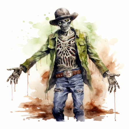 a lone zombie, depicted in a watercolor illustration style, stands wearing a detailed cowboy hat. this science fiction-inspired artwork showcases a skeletal figure with realistic lifelike features. the loose handling of paint adds depth and texture to the overall illustration, reminiscent of dc comics' art style. ai generatedの素材