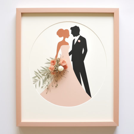 bride and groom silhouettes in a white frame, featuring a light pink and light brown color scheme. this artwork by flora borsi showcases lifelike renderings with the use of paper and tondo style. the composition incorporates complementary colors and personal iconography. ai generatedの素材
