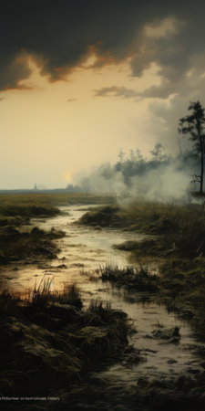 a river flows near the forest's edge, creating a post-apocalyptic scene with a soft mist. this photo by dmitry kustanovich captures the essence of dutch golden age art, showcasing photo-realistic landscapes. the eerie and realistic depiction of an apocalypse landscape adds to the captivating atmosphere. ai generatedの素材