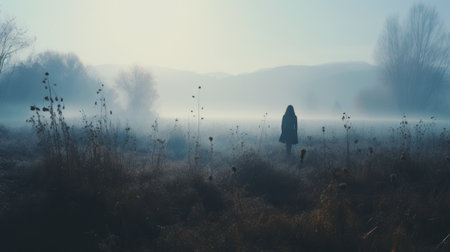 mysterious nancy walks through autumn grass on a cold morning in a valley, captured in a lo-fi instamatic photo. the image showcases a distant valley, with tall tree silhouettes and a thick layer of fog. the cold blue tones add to the overall atmospheric feel of the scene. ai generatedの素材