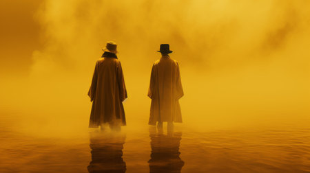 a man in a trench coat stands in water, surrounded by fog and a foggy background. the image is reminiscent of yellow and amber tones, with surreal human figures. it evokes the style of animated film pioneers and incorporates cowboy imagery. the contrasting shadows and jarring juxtapositions create a captivating visual experience. shot on cinestill 50d film. ai generatedの素材
