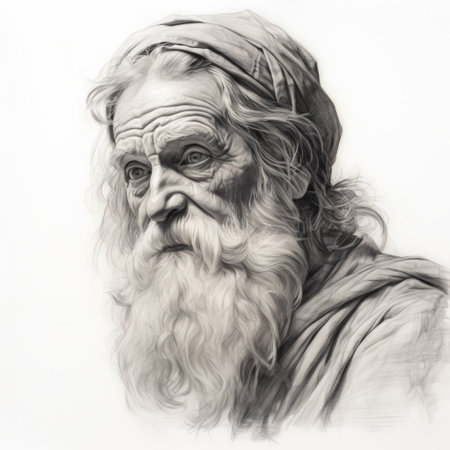 portrait of daniel: a mesmerizing charcoal drawing in the style of leonardo da vinci, showcasing the mastery of chiaroscuro. the weathered face is meticulously captured, with depth and wrinkles brought to life through meticulous strokes. the intense gaze and subtle shading evoke a sense of timelessness and wisdom. against a monochromatic background, the intricate details of the subject take center stage. ai generatedの素材
