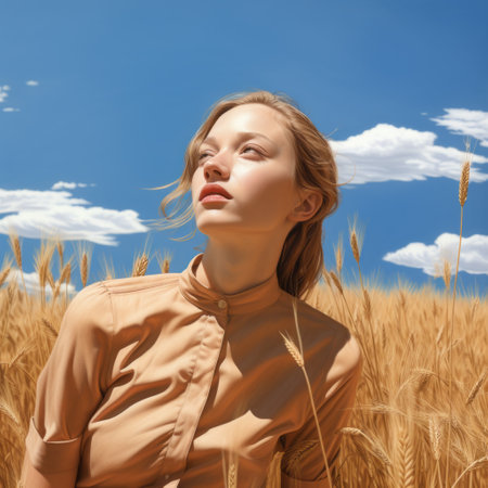 a beautiful girl stands in a wheat field against a blue sky backdrop. this contemporary realist portrait captures the essence of modernism-inspired portraiture with its hyper-realistic and hyper-detailed rendering. the photo showcases a beige color palette and a photo-realistic style, creating an ultra-realistic depiction of the girl in the serene natural setting. ai generatedの素材