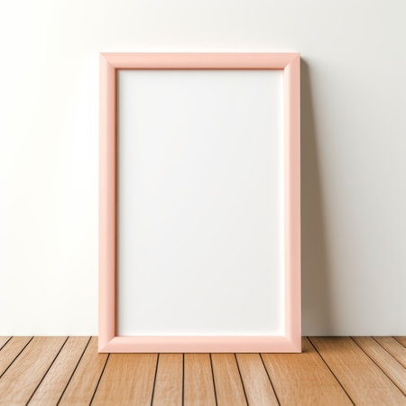 a pink poster frame hangs on the wall, showcasing a realistic perspective. the frame is colorized in soft-focus, with a combination of light orange and light emerald hues. against a white background, this hyperrealistic still life exudes a sense of warmth and elegance, with its wooden frame adding a touch of natural beauty. ai generatedの素材