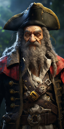 a pirate wearing a cape stands in a forest, portrayed in a realistic and hyper-detailed style reminiscent of unreal engine 5. the illustration captures the intricate details with a touch of caricature-like elements. the scene evokes a sense of mystery and adventure, while the lush forest surroundings add to the overall beauty of the artwork. ai generatedの素材