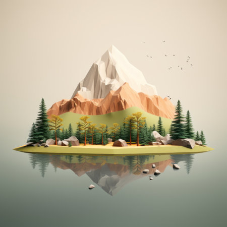 a stunning low poly style rendering by matthias haker featuring a mountain, forest, lake with birds, and an island. the light gray and amber tones create a realistic and detailed outdoor scene. this zen minimalistic artwork captures the beauty of nature with its meticulous attention to realistic detail. ai generatedの素材
