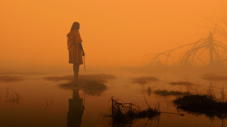 a man walks on muddy water, creating an ethereal and otherworldly atmosphere. the style of the photo is reminiscent of dansaekhwa, with light orange and amber tones. the misty surroundings and ethnographic influences add to the unique composition. this captivating image was captured by naomi tydeman using a nikon d750. ai generatedの素材