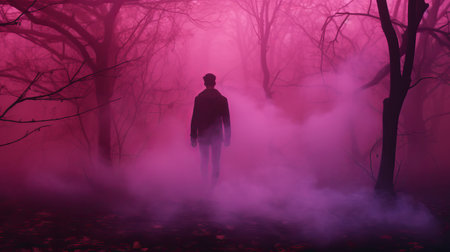 a man stands amidst the fog in a foggy woodland, surrounded by a romantic atmosphere. this conceptual installation art captures the essence of zombiecore and suburban gothic, with its light magenta and light crimson hues. the scene evokes neon hallucinations and a dark gray and crimson color palette, creating a captivating and mysterious ambiance. ai generatedの素材
