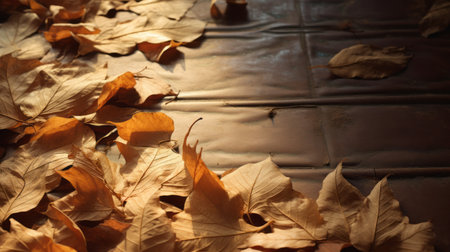 autumn leaves cover the floor in this photo, showcasing realistic chiaroscuro lighting. the light orange and light gold hues create a captivating visual. the post-apocalyptic backdrops add a unique touch, while the meticulous detail and softbox lighting enhance the overall composition. the artwork is site-specific, emphasizing the striking contrasts between light and shadow. ai generatedの素材