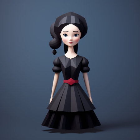 a 3d vector illustration featuring a girl wearing a black polka dot dress. this anime-inspired character design by liu ye on sketchfab combines elements of medieval and victorian aesthetics. the artwork showcases faceted shapes and is reminiscent of the artistic style of george lucas. ai generatedの素材