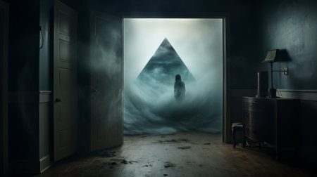 a misty and ethereal cloudscape painting by artist joste jnsson, this uhd image showcases the artist's unique style, featuring mysterious backdrops and a realistic depiction of light. with elements of geometric surrealism, this captivating artwork takes viewers on a mesmerizing visual passage. ai generatedの素材