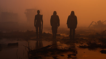 three working class subjects are captured in a high-quality photo, sitting on land in a post-apocalyptic style. the image showcases a combination of dark orange and light amber tones, created by the mist. shot with a wollensak 127mm f47 ektar lens, the photo portrays flowing silhouettes in a captivating manner. ai generatedの素材
