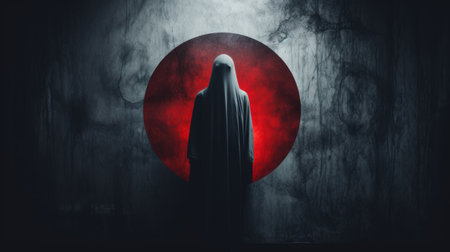the photo showcases a hauntingly beautiful wallpaper featuring a ghostly haunted castle. this halloween-inspired horror wallpaper is designed in a creepy and spooky style, with a combination of light gray and red colors. the japanese-inspired imagery and conceptual portraiture create deeply symbolic and dark compositions. created by the talented artist moosa al halyan, this wallpaper is perfect for those seeking a chilling and atmospheric aesthetic.の素材