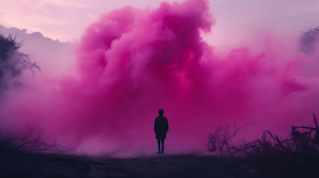 a person stands behind a pink smoke, creating a light tunnel in this atmospheric and moody landscape. the image showcases realistic surrealism with saturated hues, capturing the beauty of the scene. the dark and brooding designer has skillfully crafted this monochromatic landscape, resulting in an epic portraiture. ai generatedの素材