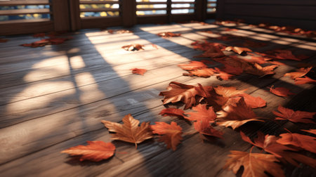 autumn leaves scattered on the floor of a room, captured in a stunning uhd image. this composition, inspired by the unreal engine 5 style, showcases a unique blown-off-roof perspective. the renowned artist, alex colville, brings a light-filled ambiance to the scene, with layered mesh and wood elements adding depth and texture. ai generatedの素材