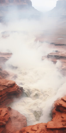 a mesmerizing photo of a small river with a water stream flowing through it, creating an ethereal and otherworldly atmosphere. the light maroon and white colors add to the desertwave vibe, resembling melting pots of mist. this captivating image captures the misty atmosphere beautifully, reminiscent of annie leibovitz's artistic style. ai generatedの素材