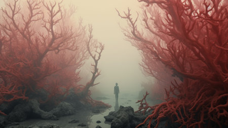 a man walks through a red coral forest, surrounded by an ethereal atmosphere. this concept art captures the essence of ethereal horror and dreamlike illustrations, with soft mist adding to the surreal ambiance. the scene resembles miniature dioramas, showcasing realistic depictions of the human form in a unique and captivating way. ai generatedの素材