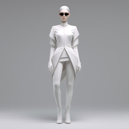the 3d model features a woman dressed in a winter outfit, with snow adorning parts of her attire. the design is influenced by gareth pugh's style, showcasing monochromatic white figures and a futuristic minimalistic approach. the image incorporates split toning techniques and draws inspiration from kuang hong's work, as well as oriental minimalism and afrofuturism. ai generatedの素材