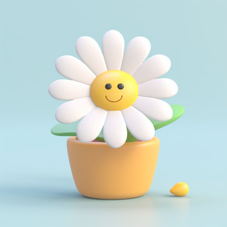 a flower pot with a cute smiley face cartoon illustration, rendered in cinema4d with color retouching. the light white and light azure colors add a playful minimalism to the adorable toy sculptures. this realistic still-life, created by a solarizing master, exudes a charming flower power vibe. ai generatedの素材