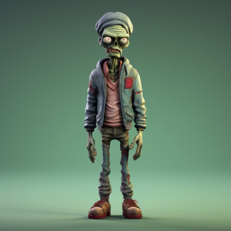 a zombie 3d character is depicted in a hip-hop influenced style, positioned on a green background. the portraitures are photographically detailed, with a combination of light maroon and sky-blue colors. the organic sculpting gives the character a caricature-like appearance, while the sparse use of color adds to its uniqueness. ai generatedの素材