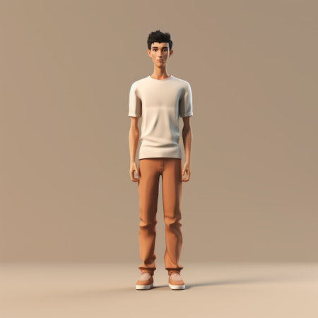 a 3d male figure strikes a pose in a brown space, showcasing a unique blend of cartoon realism and street style realism. the ivory-toned character is meticulously crafted with accurate and detailed features, blurring the lines between gender and embracing a genderless aesthetic. the result is a pseudo-realistic and highly realistic portrayal. ai generatedの素材