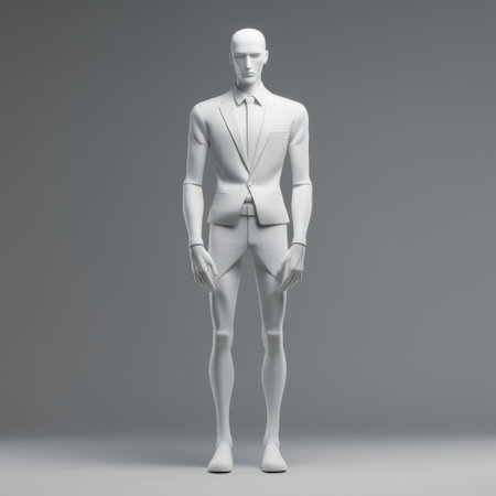 a 3d rendered white man in a suit, showcasing modern and contemporary fashion design. the image captures bold structural designs and subtle tonal range, with a symmetrical and urban-inspired composition. the captivating figures are enhanced by the use of the zeiss milvus 25mm f/1.4 ze lens. ai generatedの素材