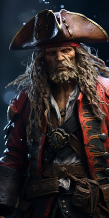 a portrait of a pirate with a beard and wig, showcasing the stunning graphics of unreal engine 5. this miniature sculpture captures the essence of a rugged pirate, with intricate details in red and bronze tones. the xbox 360 graphics add a nostalgic touch to this detail-oriented artwork, creating a captivating and slightly weathered portrayal. ai generatedの素材