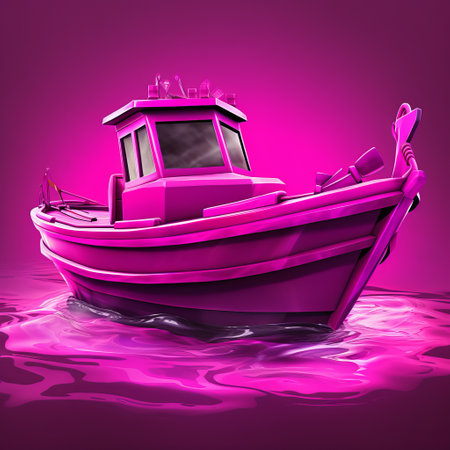 an animatronic pink boat floats on water, showcasing aggressive digital illustration. this monochromatic realism piece captures vibrant colors and realistic still lifes with dramatic lighting. inspired by stephen hillenburg, the digital illustration features a captivating blend of violet and magenta hues. ai generatedの素材