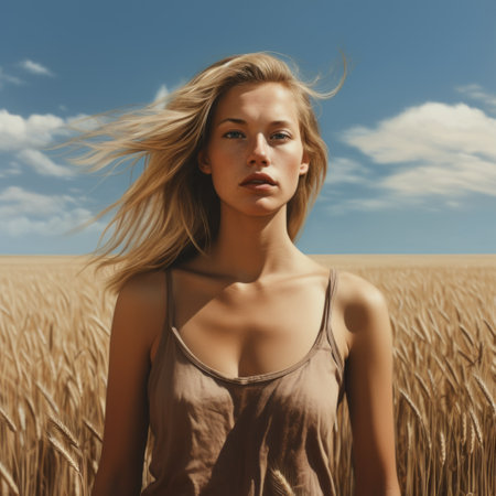 blonde lady standing in a wheat field, captured in a realistic rendering of the human form. this hyper-realistic portrait showcases the beauty of the australian tonalism style, with a backdrop of realistic blue skies. this photo has a wimmelbilder quality and could be associated with the press photo style. ai generatedの素材