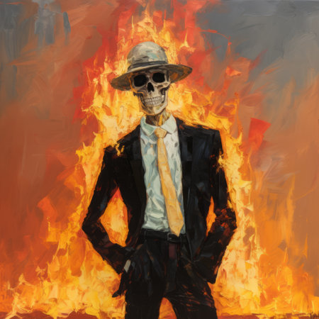 a pop culture mashup painting featuring a skeletal man in a suit standing beside a blazing fire. this artwork, inspired by the styles of guido borelli da caluso and joseph beuys, showcases intricate details in 4k resolution. the use of bones and the artistic touch of dave coverly add depth and intrigue to this captivating piece. ai generatedの素材