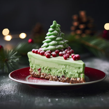 green cheesecake adorned with cranberries, apricot, and pine cones. this visually stunning dessert, captured with the samyang af 14mm f2.8 rf lens, showcases its vibrant colors and intricate details in ultra-high definition. the light green hue, inspired by the environment, adds a touch of freshness. a perfect fusion of xmaspunk and leica r3 aesthetics, highlighted by the masterful use of the impasto technique. ai generatedの素材