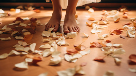 a woman with black and white footprints stands amidst a floor covered in petals, showcasing a warm color palette. the scene offers a sensory experience with its lush detailing and body extensions, embodying the essence of bloomcore. ai generatedの素材