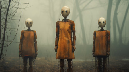 a group of stone statues with blue eyes, resembling futuristic robots, are seen in a dystopian forest landscape. the statues, created by artists andreas franke, isaac cordal, and ray caesar, stand out against the dark yellow and orange hues of the surroundings. this high-resolution photo captures the intricate details of the statues in stunning 8k resolution. ai generatedの素材