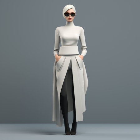 a white woman dressed in black and white stands out in this 3d rendering, showcasing the modern and contemporary fashion design style. the light azure and gray background complements the monumental ensembles she wears. the combination of gray, colorful minimalism, and a rich tonal palette creates a sculpted and visually captivating image. ai generatedの素材