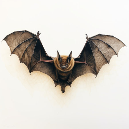 a drawing of a bat on a white background, showcasing the dark bronze and dark amber style. this precise and detailed artwork combines elements of architecture paintings, surrealistic installations, and the art of tonga. the hyperrealistic murals and simple, colorful illustrations add depth to the overall composition. the inclusion of "redshift" suggests a dynamic and vibrant atmosphere. ai generatedの素材