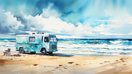 a light blue truck is parked along the coast, surrounded by the serene beauty of the ocean. the artwork captures the essence of emotions through watercolor techniques, ray tracing, and action paintings. the color palette includes dark teal and white, enhancing the detailed character illustrations. the scene evokes a sense of vacation dadcore, with stormy seascapes adding to the overall atmosphere. ai generatedの素材