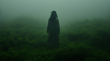 a single silhouette of a woman walking through a fog-filled field, creating an ethereal horror ambiance. the green surroundings add a dramatic and somber touch, reminiscent of religious works. the image evokes intrigue with its taboo undertones, while also capturing the essence of mori kei fashion. this still from a movie is poignant and captivating. ai generatedの素材