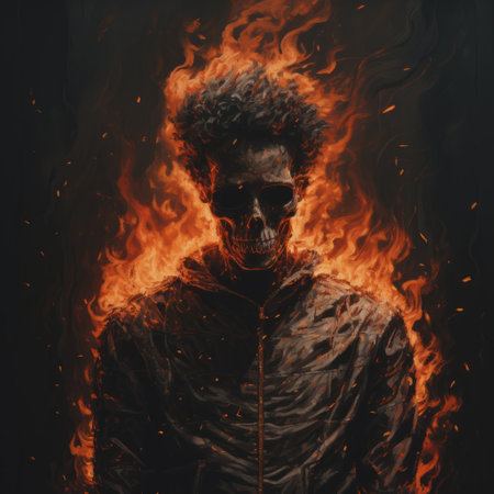 a skull engulfed in fiery flames, showcasing the hip hop aesthetic, solarization technique, and the essence of darkest academia. this candid shot captures the full body of the skull, resembling precisionist art, while the unreal engine adds a touch of surrealism to the composition. ai generatedの素材