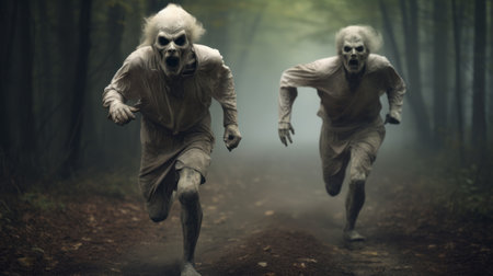 two deformed individuals, resembling zombies, sprint along a forest road in a surreal scene. this photorealistic artwork captures their haunting presence with astonishing accuracy. their detailed costumes add to the surprisingly absurd atmosphere, while swirling vortexes in the background enhance the overall yankeecore aesthetic. the artist's use of figuratism creates a truly captivating and eerie composition. ai generatedの素材