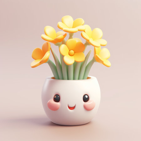 a 3d model of a girl surrounded by an abundance of flowers, showcasing the popular kawaii art style. the vibrant yellow color palette, enhanced by the use of vray, adds a cheerful touch. the girl is depicted with a strong facial expression, while the soft-focus technique and delicate materials create a visually captivating scene. ai generatedの素材