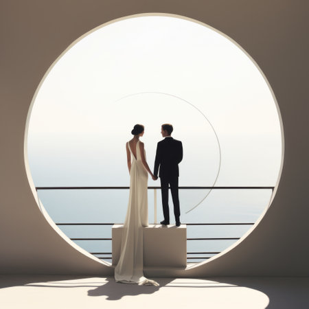 the bride and groom, in a minimalistic modernism style, are captured standing inside a circular frame. this unique photo showcases elements of ocean academia, perspective rendering, and life-size figures. the composition exudes a sense of tranquil serenity, while also incorporating architectural chic and the vastness of horizons. ai generatedの素材
