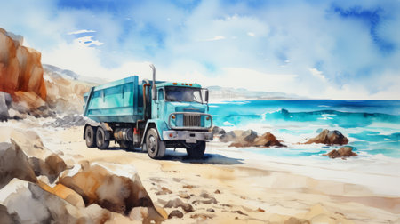 blue truck driving down rocky beach by water in realistic watercolor style. detailed character design inspired by makoto shinkai. utilizes trash materials. commissioned artwork for diego rivera. ai generatedの素材