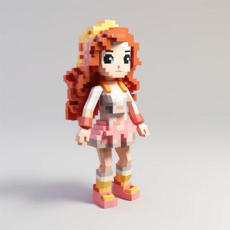 a pixel art drawing of an orange-haired girl, resembling adorable toy sculptures. this artwork is created in the style of traditional japanese aesthetics, with a touch of vray rendering. the color scheme features light yellow and white tones, resulting in a realistic and visually pleasing depiction. ai generatedの素材