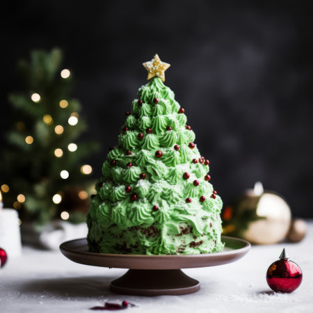 a christmas tree cake recipe featuring a chocolate tree covered in a coconut fondant. the cake is beautifully captured in the style of fujifilm xf 56mm f12 r lens, with the artistic touch of martin rak and lucy glendinning. the post-processing enhances the vibrant colors of light green and dark crimson, resulting in a visually stunning tabletop photography. ai generatedの素材