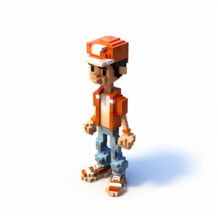 a person wearing an orange shirt, cap, and shorts stands next to a computer in this uhd image. the artwork is done in the style of voxel art by ken sugimori, featuring a realistic rendering with a white background. the streetwise style of the image is captured beautifully, making it a visually appealing 20-megapixel photograph. ai generatedの素材